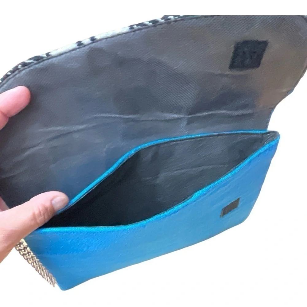 Blue Envelope Clutch Purse Black & Silver Geometric Pattern Fabric Wristlet